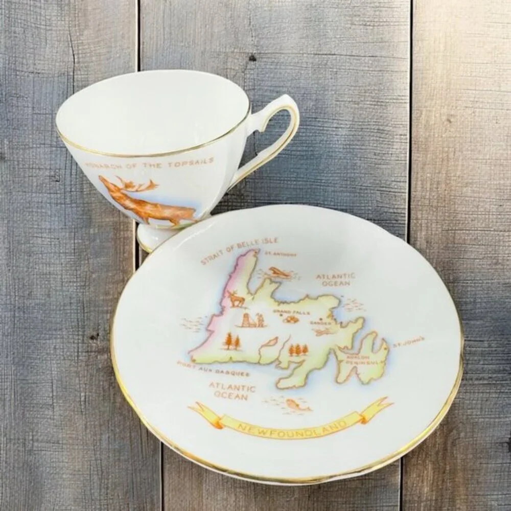 TAYLOR & KENT Newfoundland Teacup Saucer Bone China ENGLAND Set Monarch Deer VTG